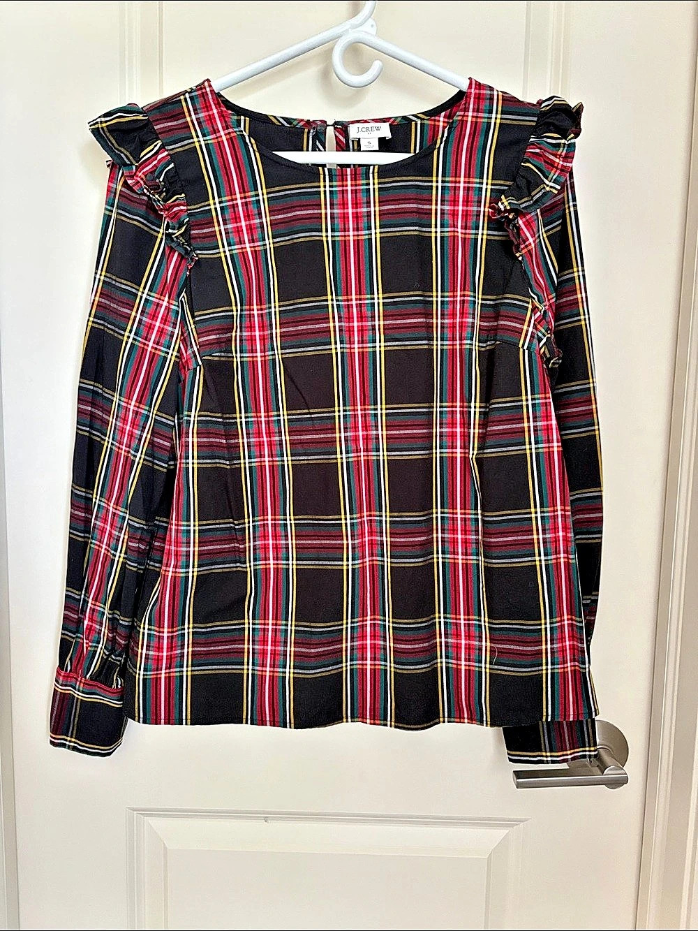 J.Crew Plaid Ruffle Sleeve Blouse in Black & Red Tartan Size Small